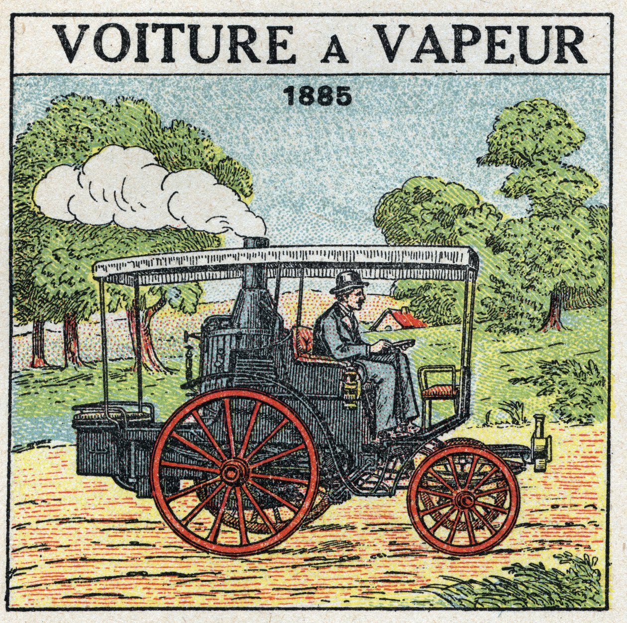 Mechanischer Antrieb: Dampfwagen des Marquis Albert de Dion (1856-1946) im Jahr 1885. Anonyme Illustration von 1925. Private Sammlung. von Anonymous Anonymous
