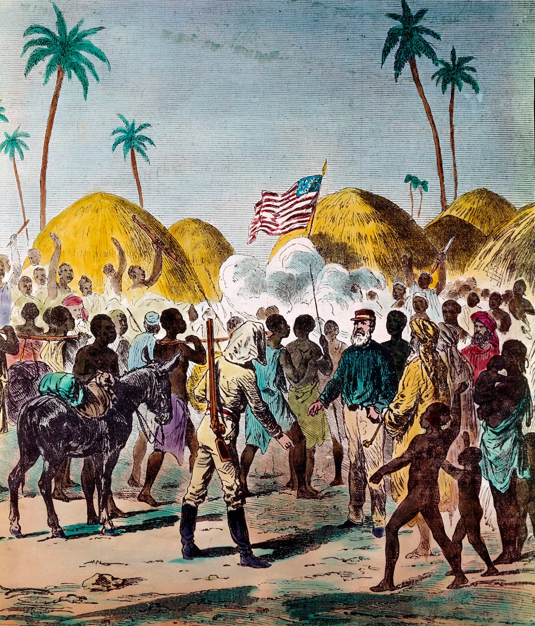 Treffen des Journalisten Henry Morton Stanley (1841-1904) und David Livingstone (1813-1873), britischer Arzt und Entdecker, am 10.11.1871 in Tansania. Gravur des 19. Jahrhunderts. Private Sammlung von Anonymous Anonymous