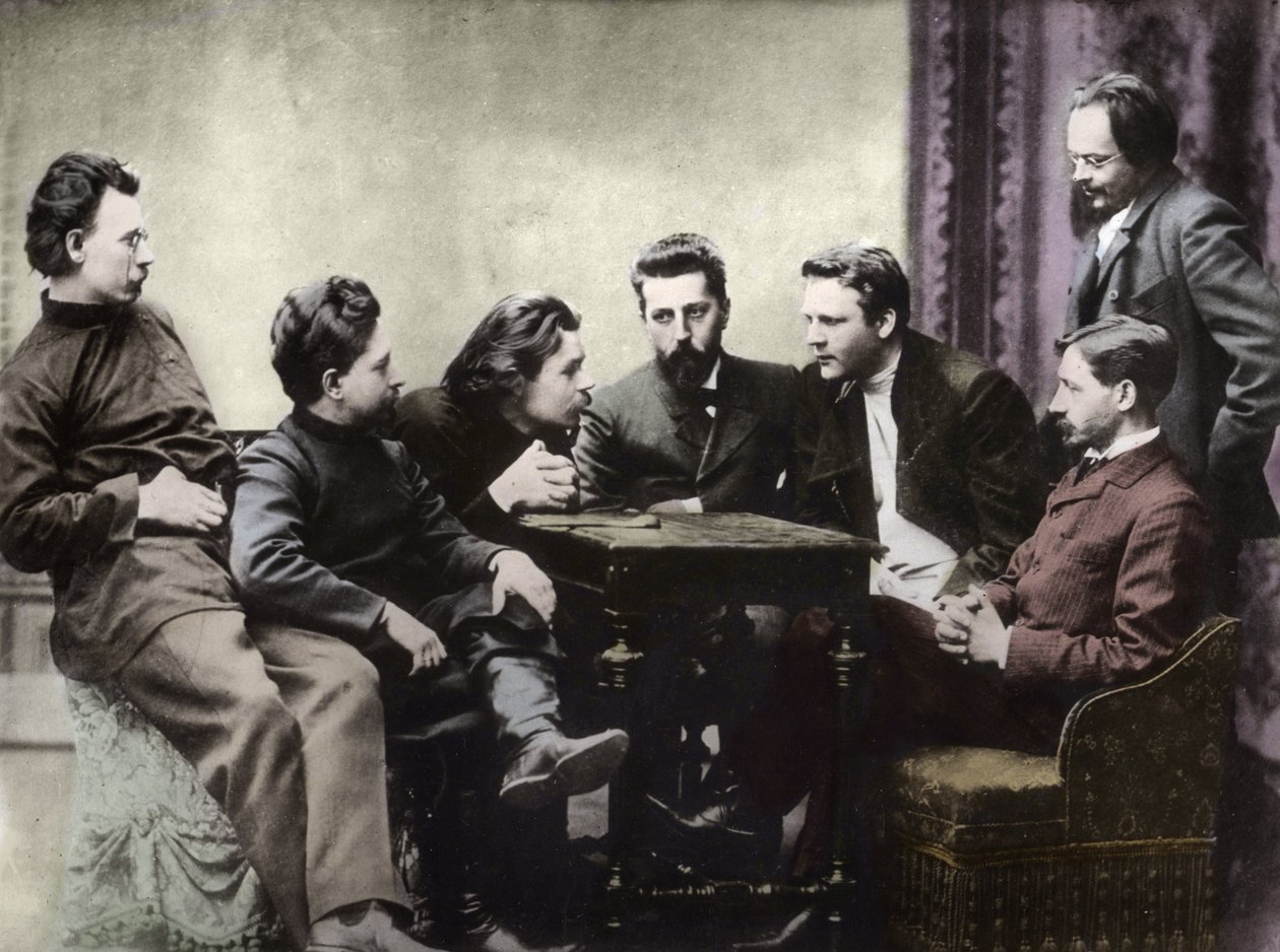 Mitglieder des Sreda-Literaturkreises, gebildet in der zweiten Hälfte der 1890er Jahre von russischen realistischen Schriftstellern - Porträts russischer Intellektueller der literarischen Gruppe Znanie: von links nach rechts, Andrei Skitalets (Stephan Gabr von Anonymous Anonymous