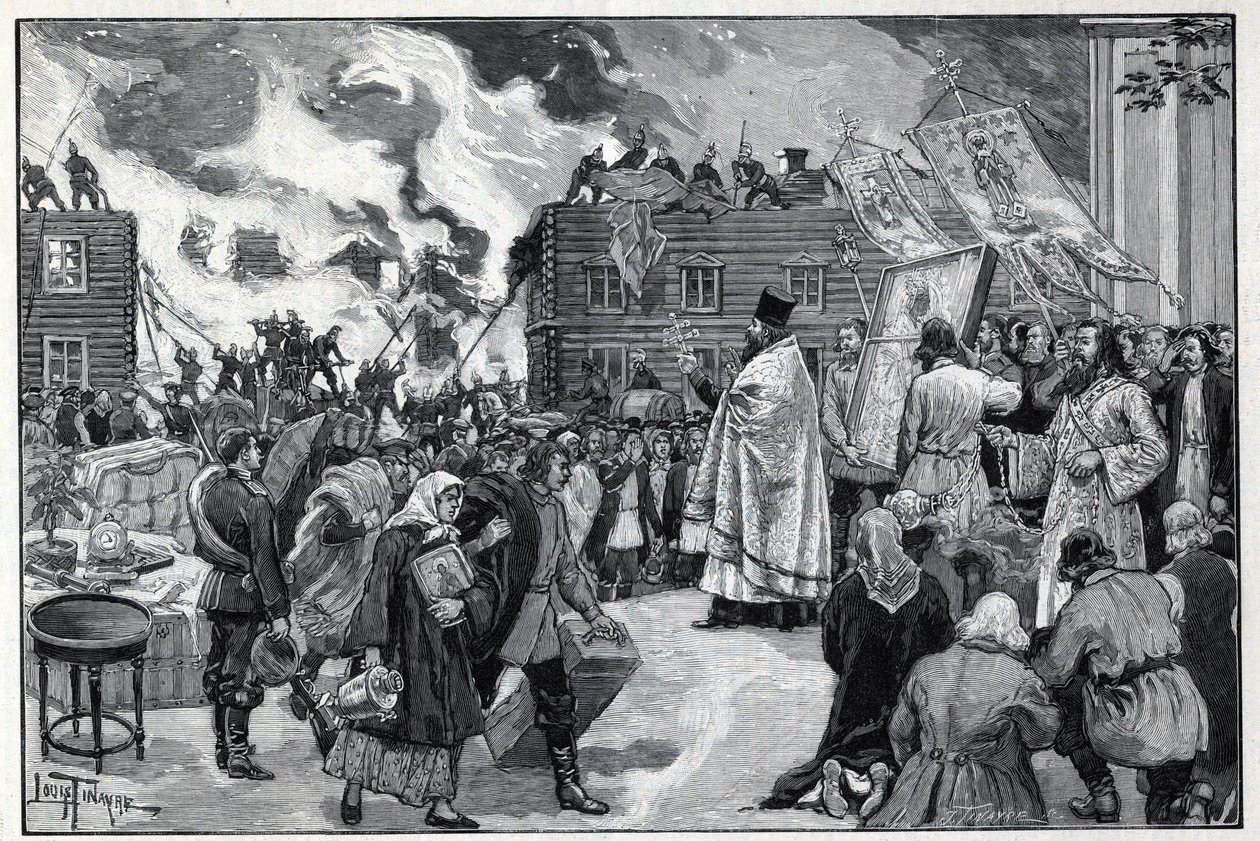 Moskau, Feuer im Vorort Kaluga: die orthodoxe Geistlichkeit präsentiert die Heiligen Bilder, um die Stadt zu schützen, und Feuerwehrleute bekämpfen das Feuer. Gravur in 