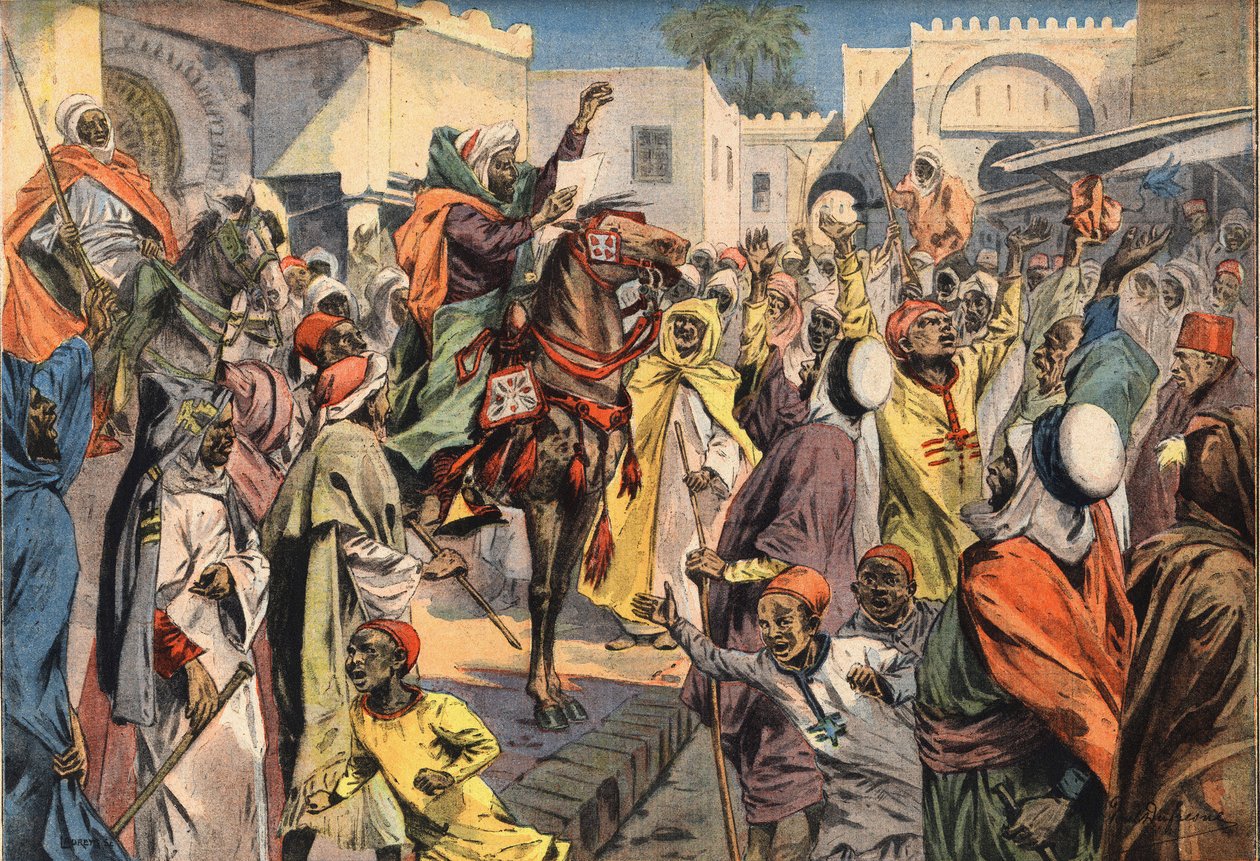 Mouley Hafid (Moulay-Hafid) wird in Fès zum Sultan ausgerufen: die öffentlichen Ausrufer verkünden der Menge die Proklamation. Gravur aus der Zeitung „Le Petite Parisien“, 26/01/1908. Private Sammlung. von Anonymous Anonymous