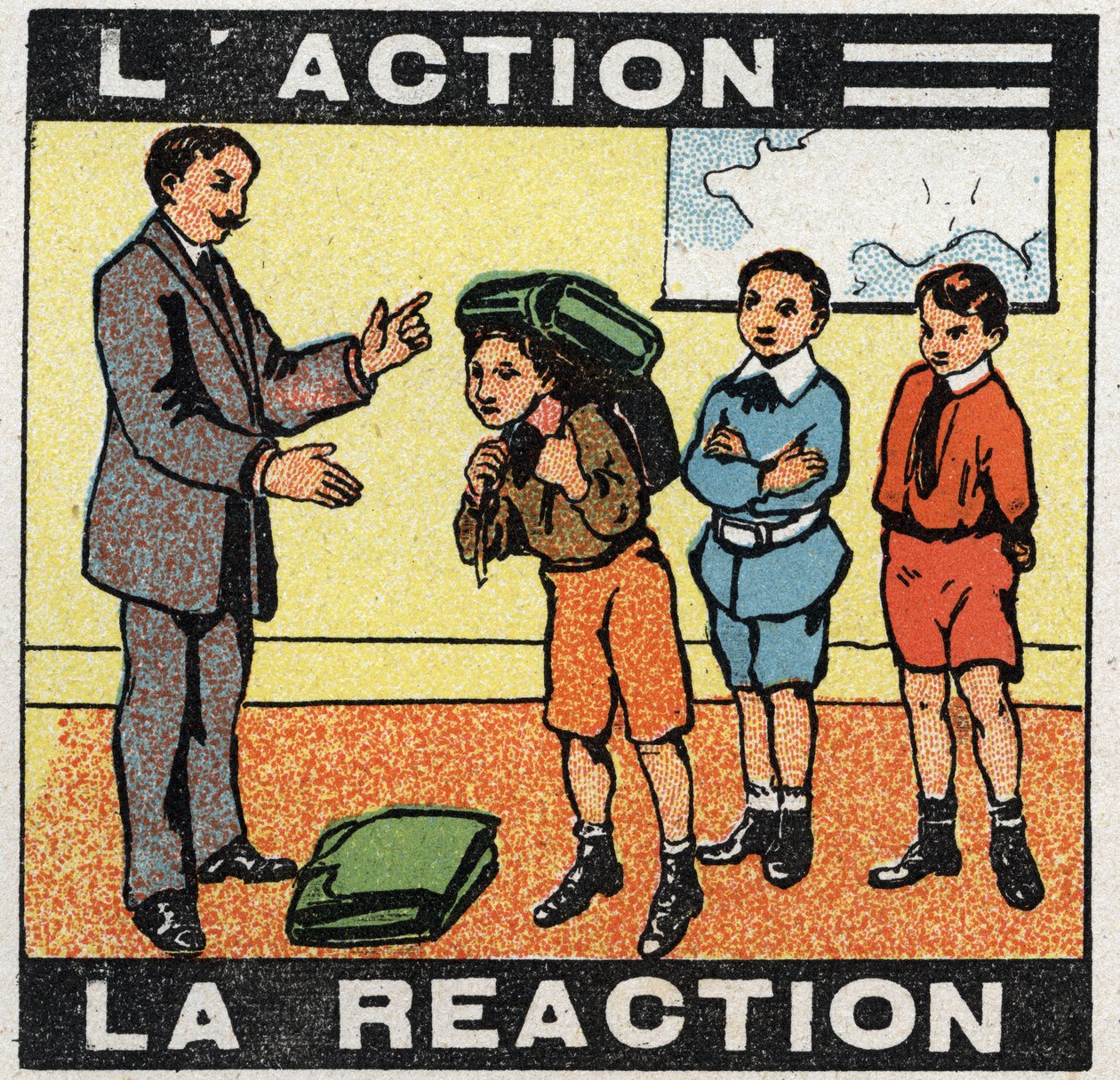 Bewegungen: Aktion, Reaktion. Ein Junge trägt seine Tasche. Anonyme Illustration von 1925. Private Sammlung. von Anonymous Anonymous