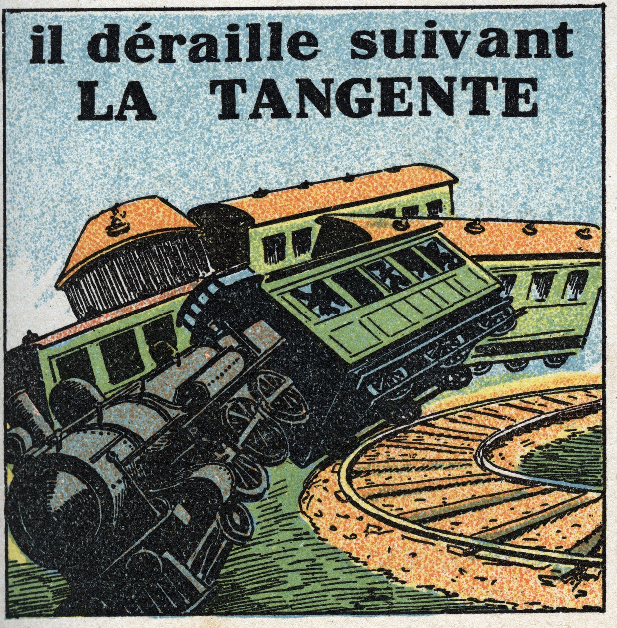 Bewegungen: Tangente. Zugentgleisung. Anonyme Illustration von 1925. Privatsammlung. von Anonymous Anonymous