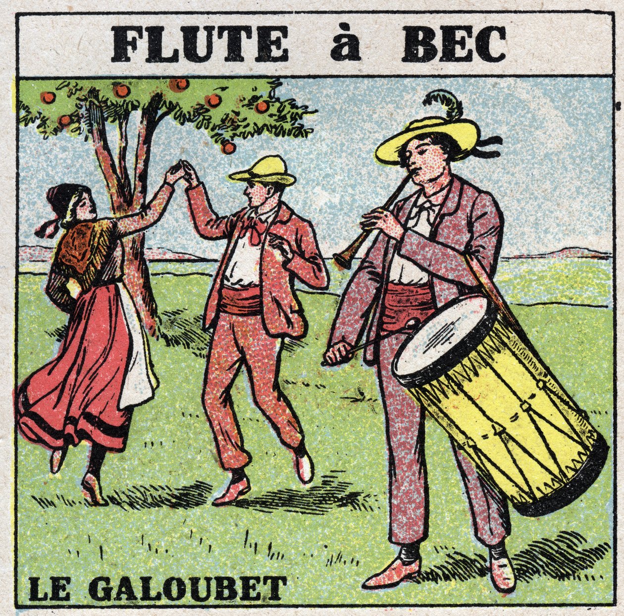 Musikinstrumente: Blasinstrumente. Galoubet-Spieler (Blockflöte). Anonyme Illustration von 1925. Private Sammlung. von Anonymous Anonymous