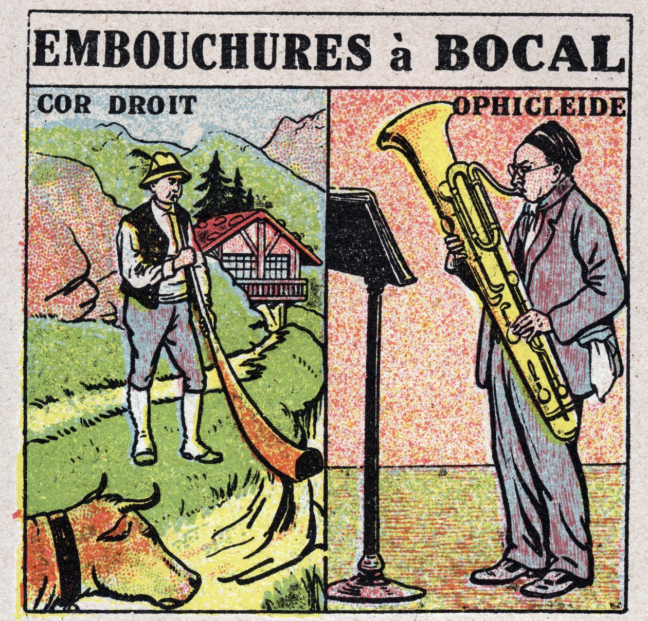 Musikinstrumente: Blasinstrumente mit einem Krugmundstück. Gerade Hörner und Ophikleiden-Spieler. Anonyme Illustration von 1925. Privatsammlung. von Anonymous Anonymous