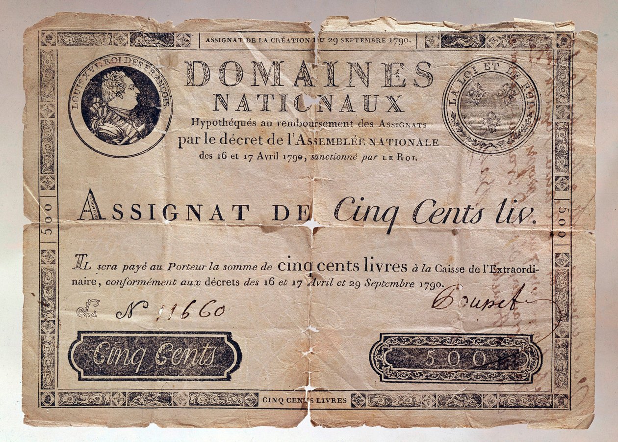 Papier aus der Französischen Revolution: eine Zuweisung von 500 Pfund aus dem Jahr 1790. Private Sammlung von Anonymous Anonymous
