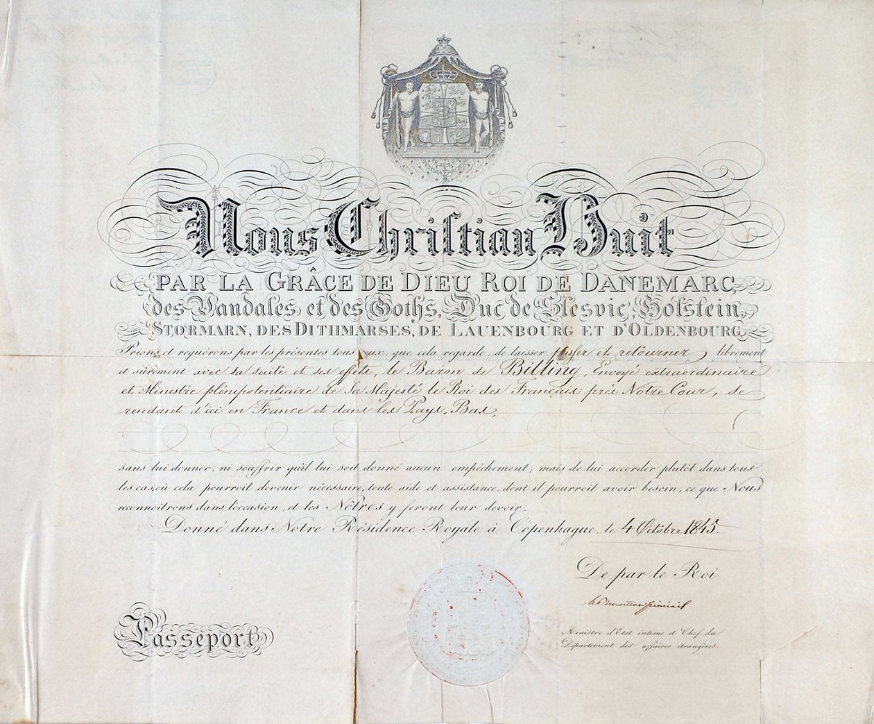 Pass des Königs von Dänemark Christian VIII. datiert 1845 von Anonymous Anonymous