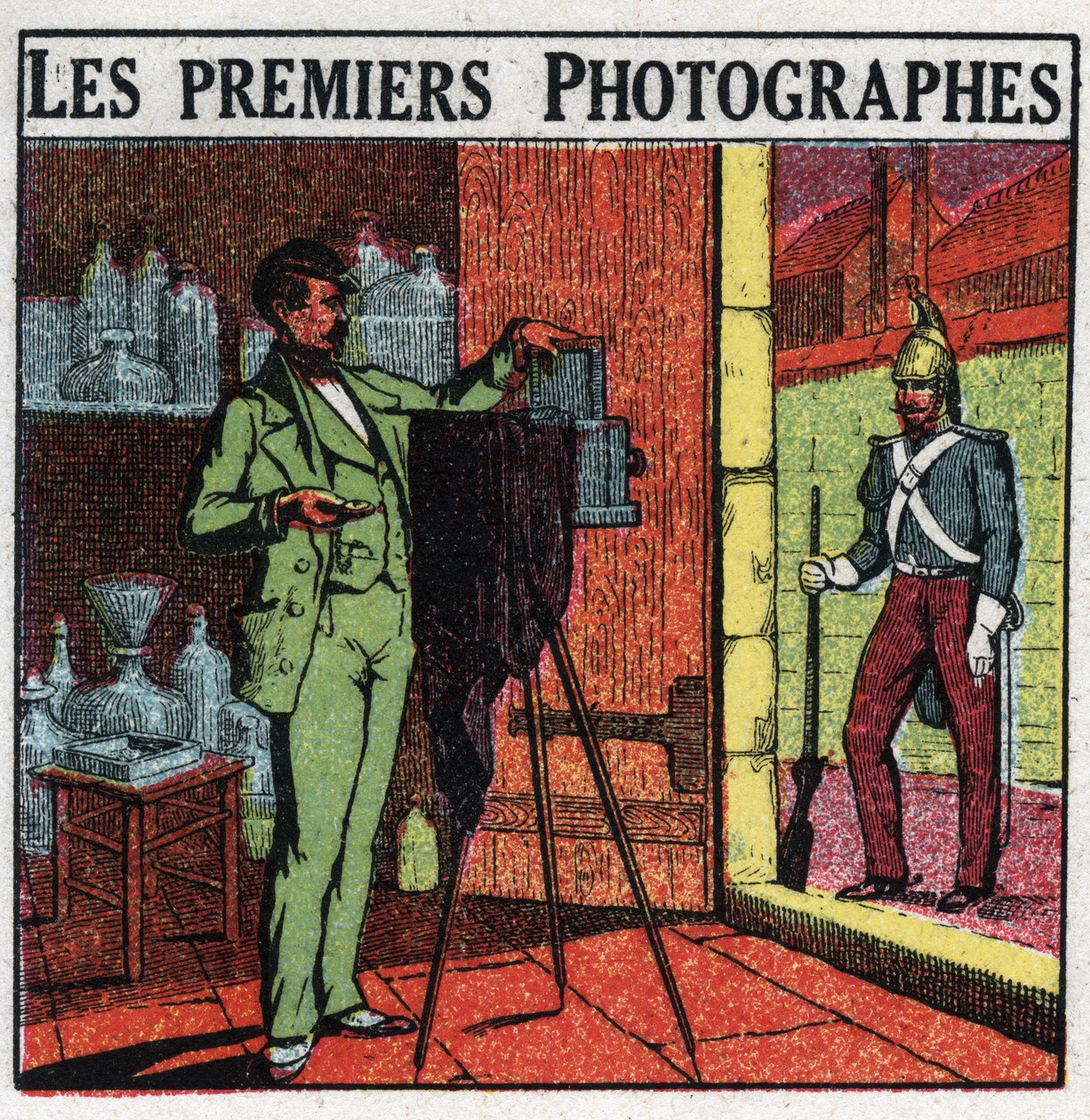 Fotografie: Die ersten Fotografen im 19. Jahrhundert. Fotograf, der einen Soldaten in seinem Studio porträtiert. Anonyme Illustration von 1925. Private Sammlung. von Anonymous Anonymous