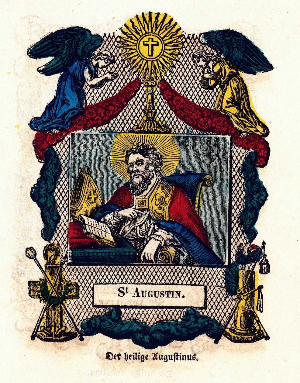 Andachtsbild: Heiliger Augustinus (Augustinus von Hippo (354 - 430), Bischof und Kirchenlehrer, Autor der Regel des heiligen Augustinus und der Bekenntnisse). Gravur des 19. Jahrhunderts von Anonymous Anonymous