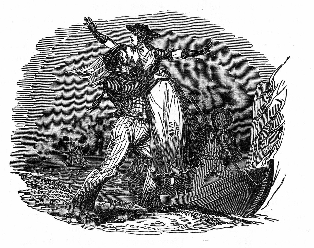 Pirat Charles Gibbs entführt ein niederländisches Mädchen von seinem Schiff (frühes 19. Jahrhundert). Gravur aus 