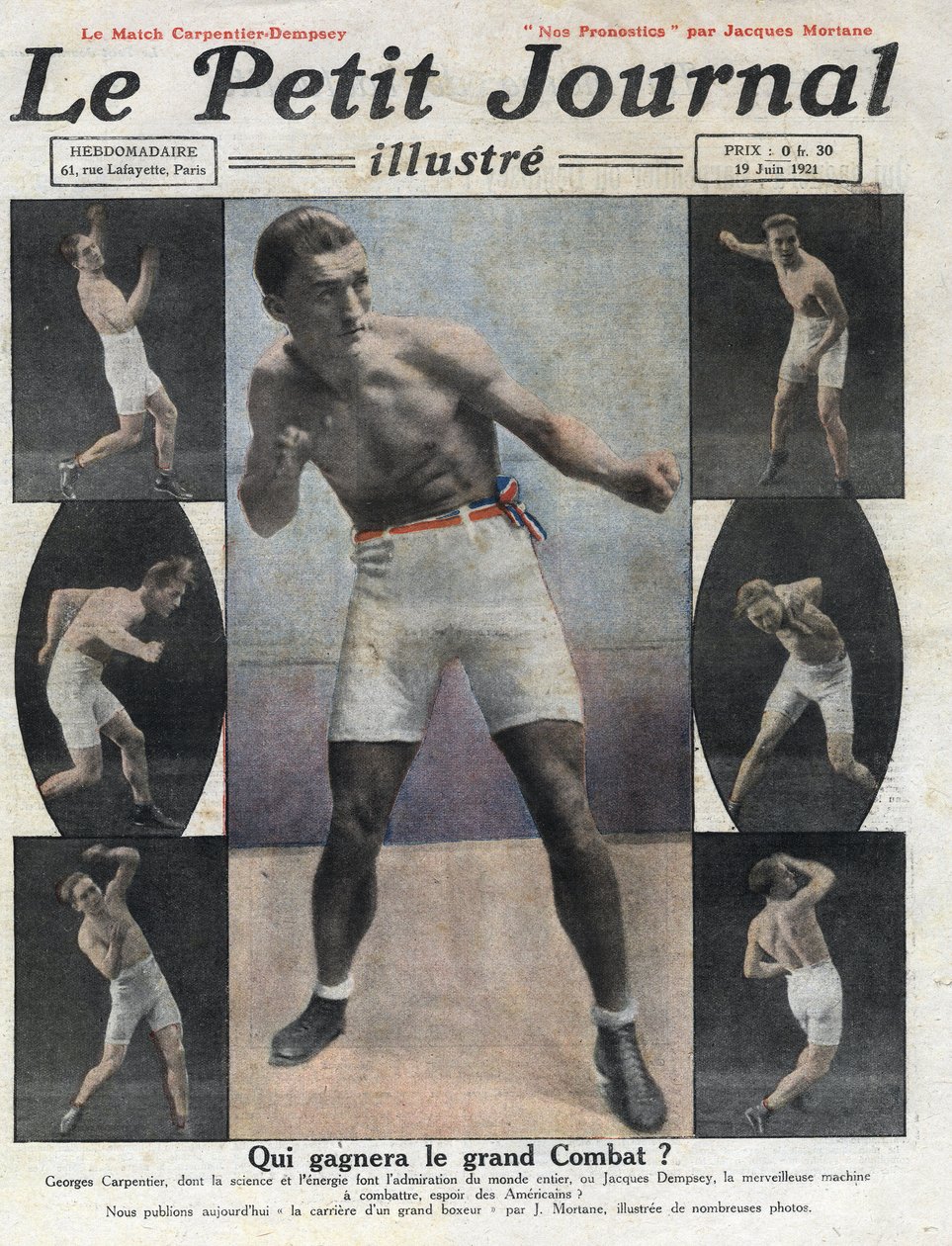 Porträt des französischen Boxers Georges Carpentier, der gegen den amerikanischen Boxer Jack Dempsey um den Weltmeistertitel kämpfen wird. Illustration aus „Le petit journal illustré“ vom 19.06.1921. Private Sammlung von Anonymous Anonymous