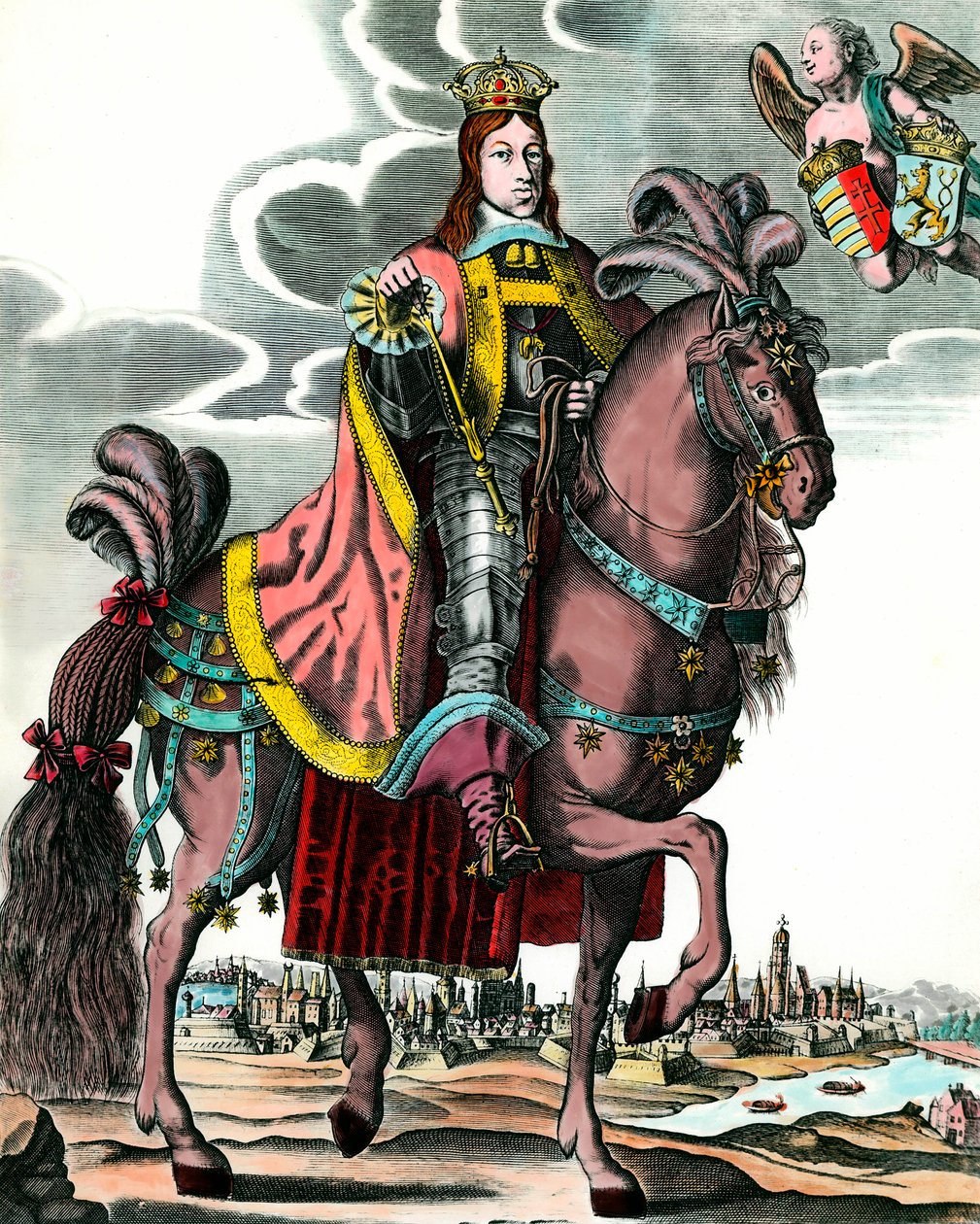 Porträt von Leopold I., Heiliger Römischer Kaiser - Reiterporträt von Leopold I. (1640 - 1705) König von Ungarn, Böhmen, Dalmatien, Kroatien und deutscher Kaiser. Gravur aus dem 17. Jahrhundert. Private Sammlung von Anonymous Anonymous