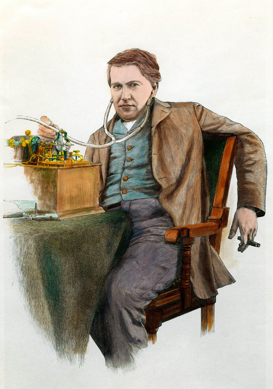 Porträt von Thomas Edison (1847-1931), amerikanischer Physiker. Gravur um 1900. Private Sammlung von Anonymous Anonymous
