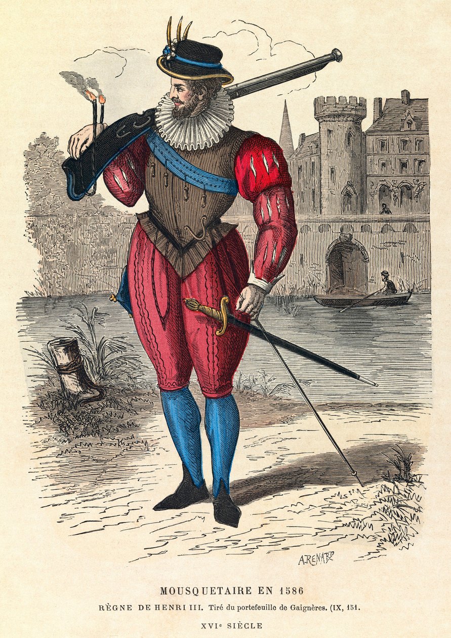 Porträt eines Musketiers im Jahr 1586 in Paris (unter der Herrschaft von König Heinrich III.), Gravur, Private Sammlung von Anonymous Anonymous