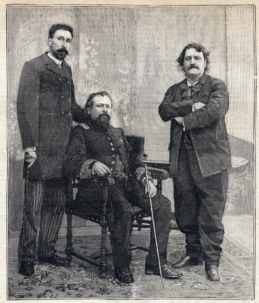 Porträt der drei „Akademiker“: Marius Tournade, Achille Le Roy und Maxime Lisbon (1839-1905), die die französische Akademie lächerlich machen wollten. Gravur in "Le Petit Parisien" am 4.06.1893. von Anonymous Anonymous