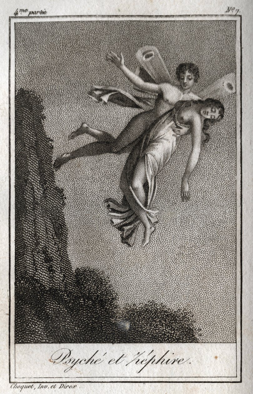 Psyche wird von Zephyr entführt. Gravur von 1819 in „Lettres à Emilie sur la mythologie“ von Charles Albert Demoustier (1760-1801). Private Sammlung von Anonymous Anonymous
