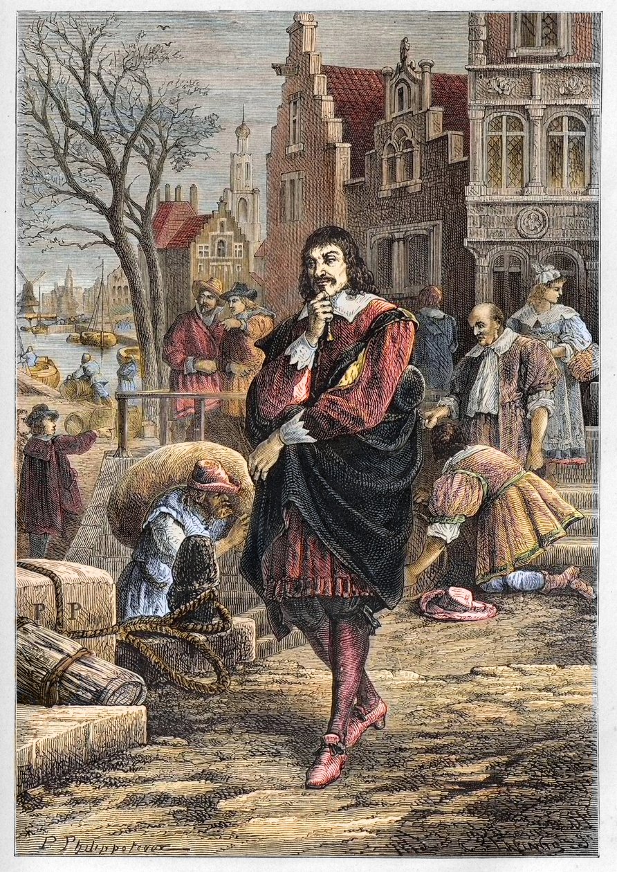Rene Descartes (1596-1650), französischer Philosoph und Mathematiker, geht durch die Straßen von Amsterdam - Descartes in Amsterdam - Gravur aus „L
