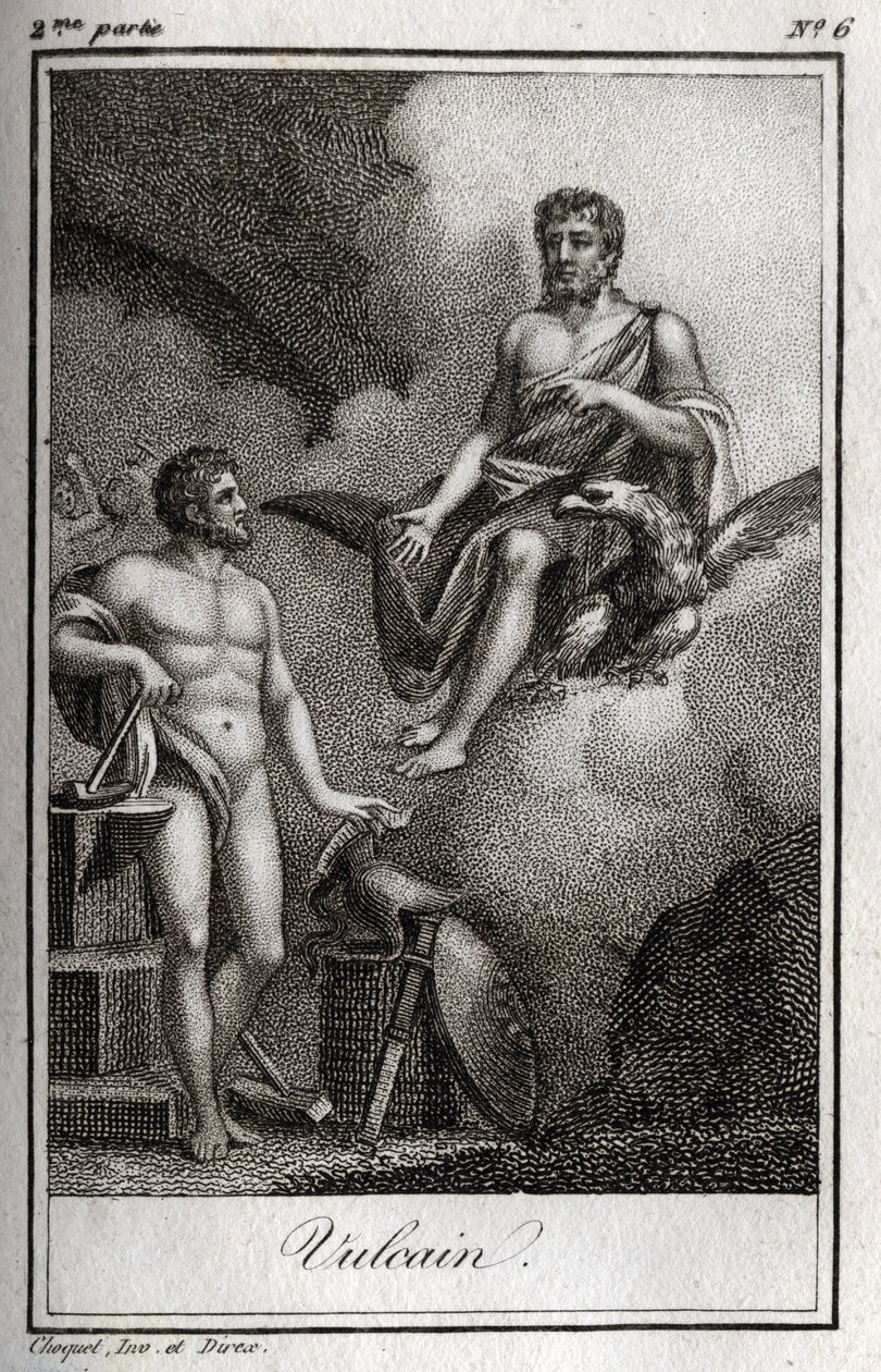 Darstellung von Vulkan, Gott des Feuers, der Schmiede und der Vulkane. Gravur aus 1819 in „Lettres à Emilie sur la mythologie“ von Charles Albert Demoustier (1760-1801). Private Sammlung von Anonymous Anonymous