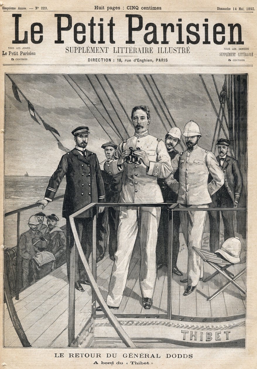 Rückkehr von General Alfred Dodds (1842-1922) von der Dahomey-Expedition an Bord der Thibet. In der Zeitung „Le Petit Parisien“ am 14.05.1893 von Anonymous Anonymous