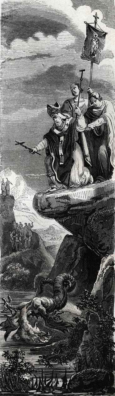 Saint Front (erster Evangelisierer des Perigord) (3. Jahrhundert) stürzt den Drachen in die Dordogne - Gravur von 1846 in „Leben der Heiligen“. Private Sammlung. von Anonymous Anonymous