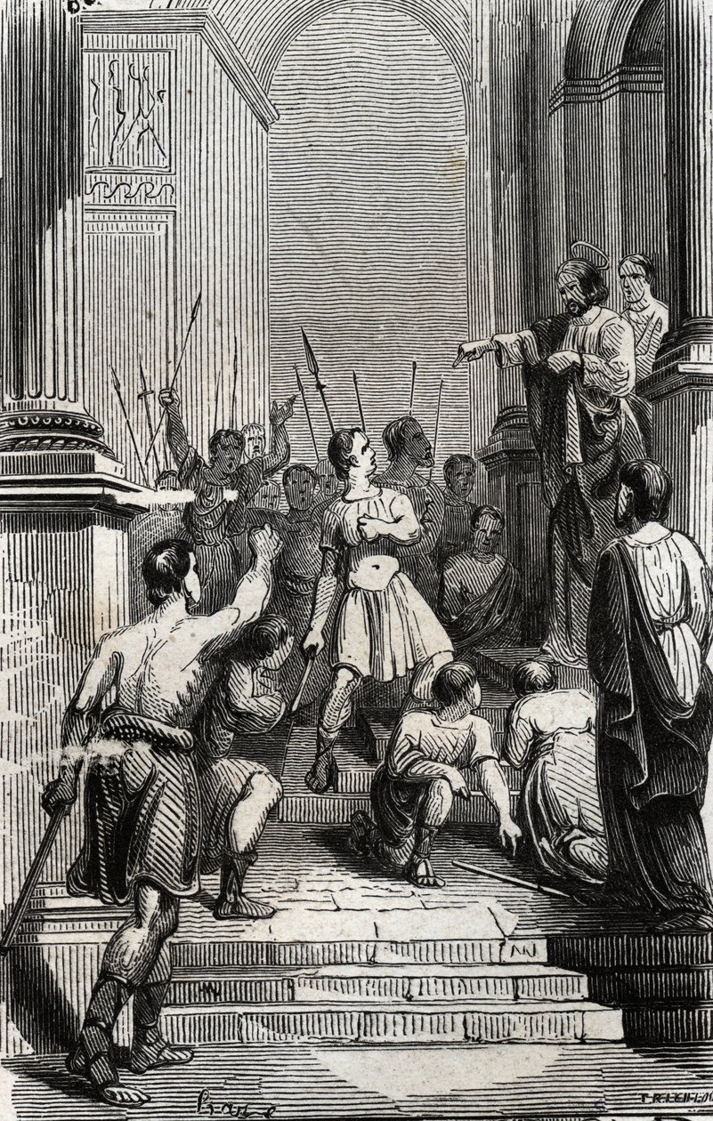 Saturnin von Toulouse (Saint Sernin, erster christlicher Bischof von Toulouse) (3. Jahrhundert) wurde am Kapitol von Toulouse festgenommen - Gravur von 1846 in „Lives des saints“. Private Sammlung. von Anonymous Anonymous