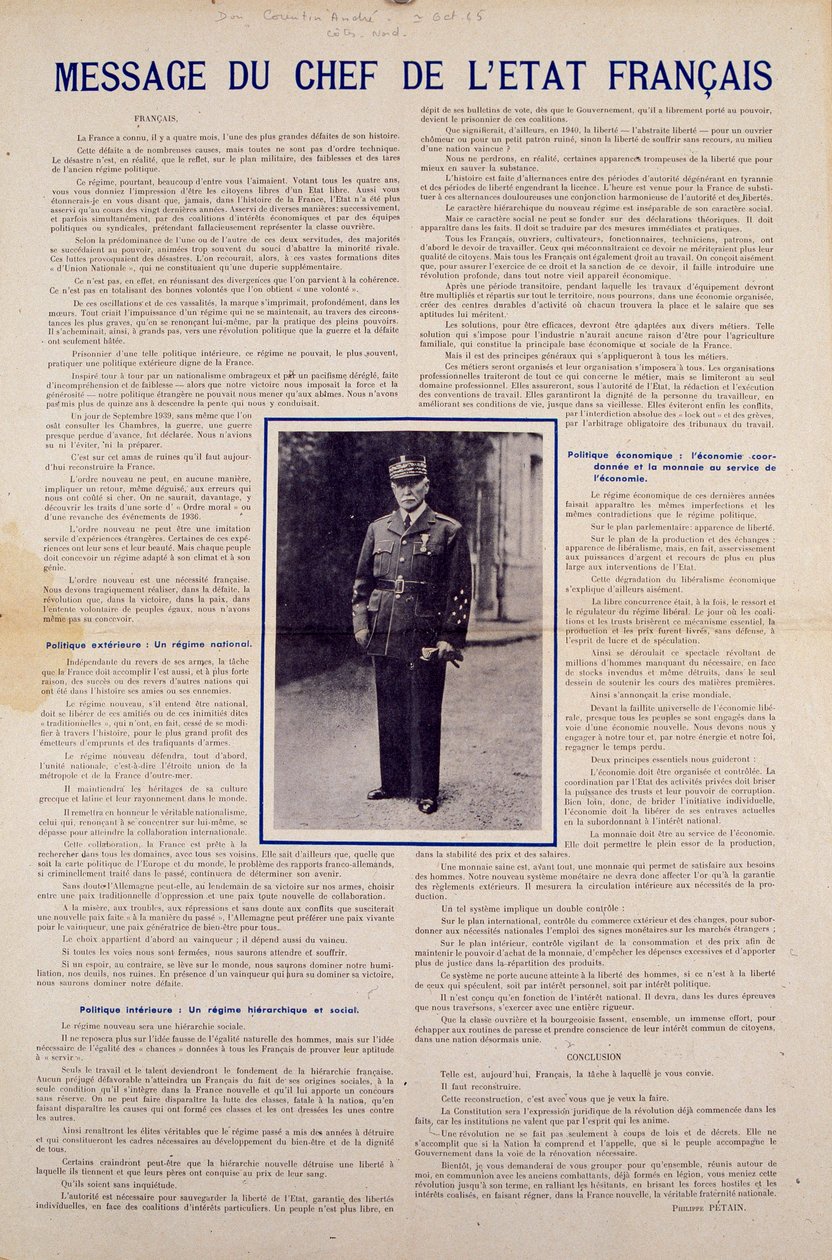 Zweiter Weltkrieg und Vichy-Regime: Botschaft des französischen Staatschefs Philippe Pétain, veröffentlicht nach dem von Frankreich im Juni 1940 unterzeichneten Waffenstillstand und Vorstellung des Programms der Nationalen Revolution, Herbst 1940 von Anonymous Anonymous