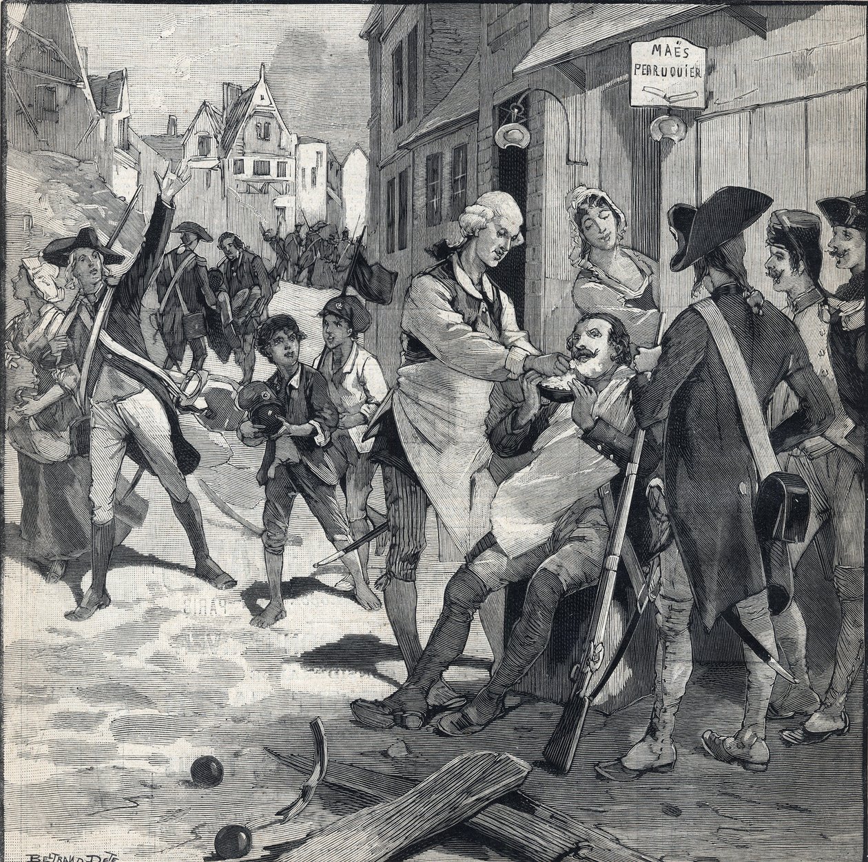 Belagerung von Lille 1792: Maes verwendet eine Bombensplitter als Rasierbecken für einen Kunden. Gravur in Le Petit Parisien am 16.10.1892. Private Sammlung von Anonymous Anonymous