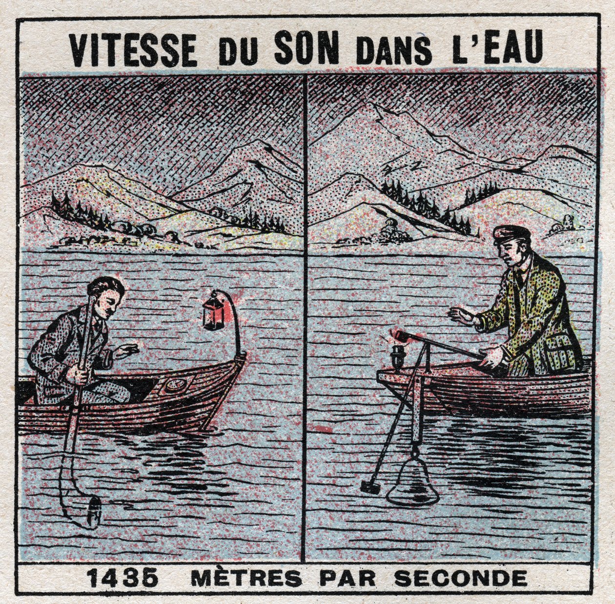 Schallenergie: Schallgeschwindigkeit im Wasser. Experiment von 1826-1827 von Jean Daniel (Jean-Daniel) Colladon (1802-1893) und Charles Francois Sturm (1803-1855) auf dem Genfersee (Lac Léman). Zwei Boote, die 14 km voneinander entfernt festgemacht sind, e von Anonymous Anonymous