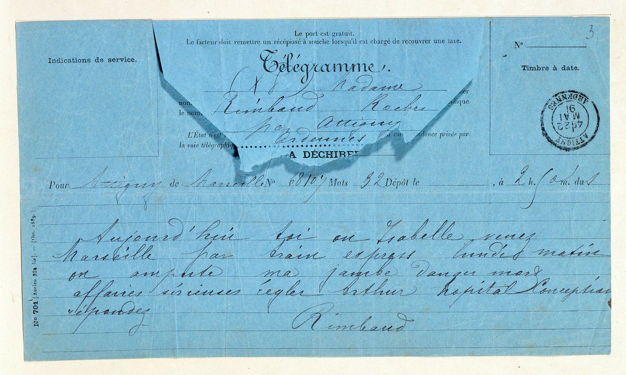 Telegramm von Rimbaud an seine Mutter, Marseille, 22. Mai von Anonymous Anonymous
