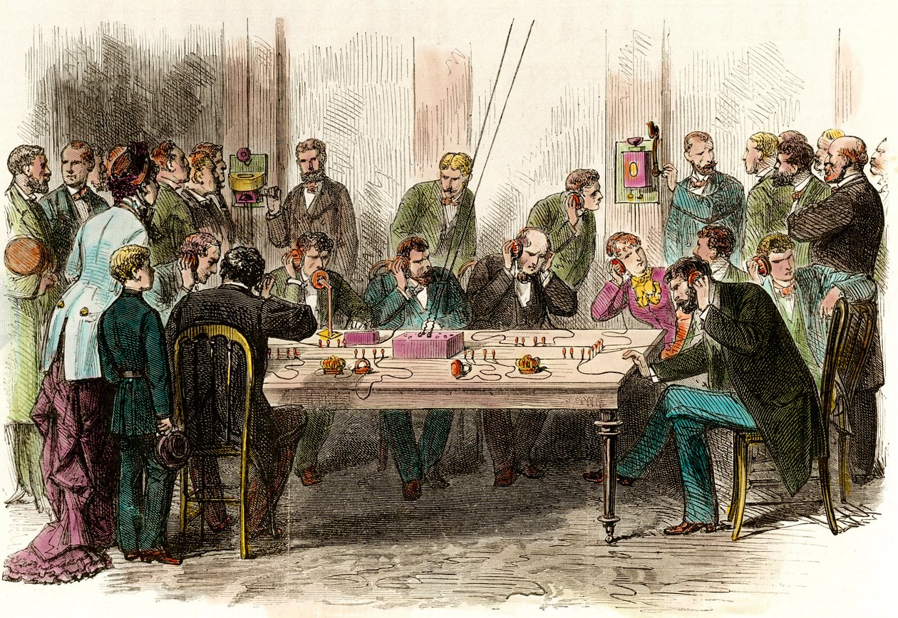 Telefonie-Erfahrung im Warteraum des Bahnhofs Saint Lazare in Paris am 6.09.1879. Gravur des 19. Jahrhunderts, Privatsammlung von Anonymous Anonymous