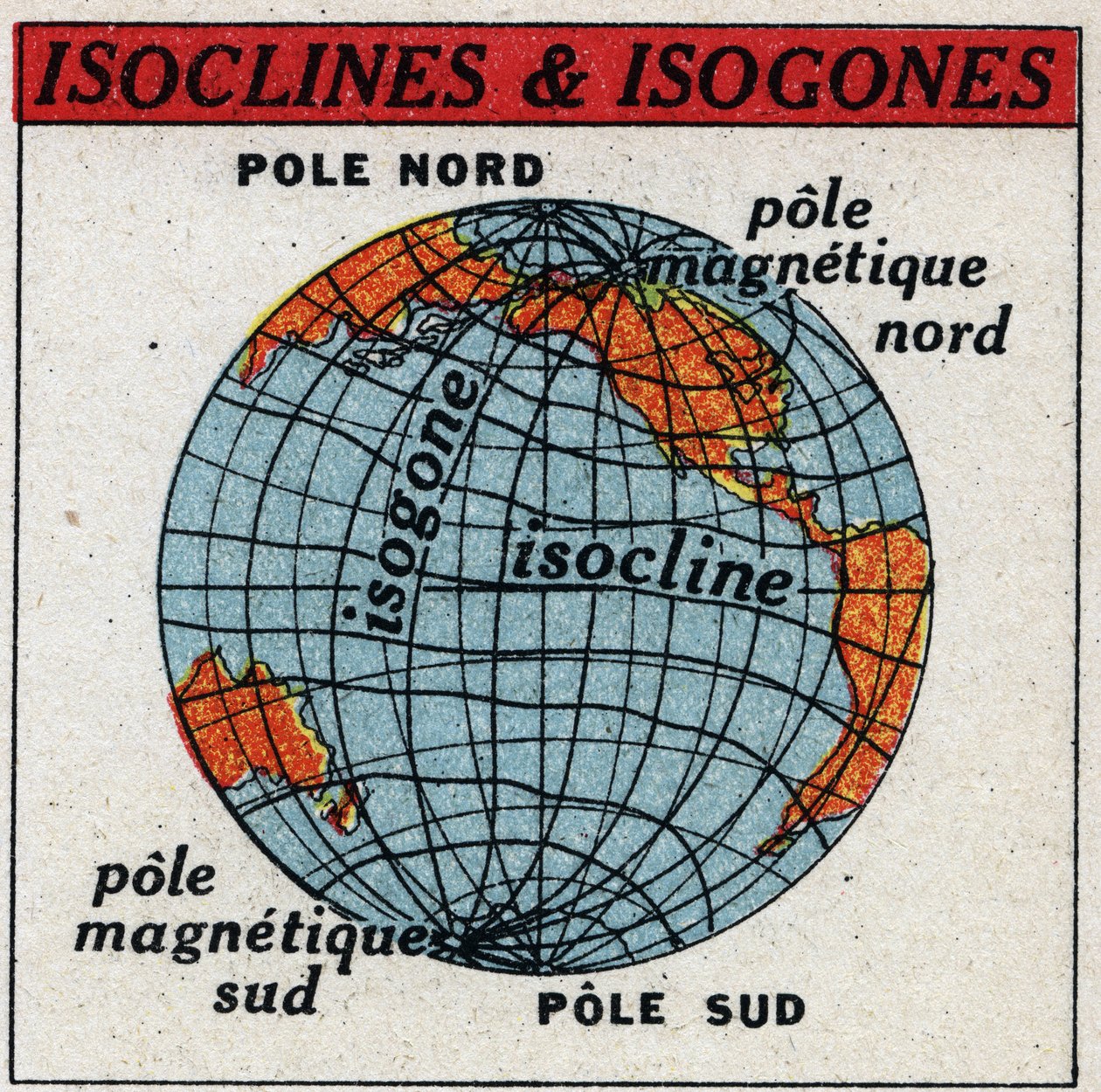 Terrestrischer Magnetismus: Magnetische Karte mit Isoklinen und Isogonen. Anonyme Illustration von 1925. Private Sammlung. von Anonymous Anonymous