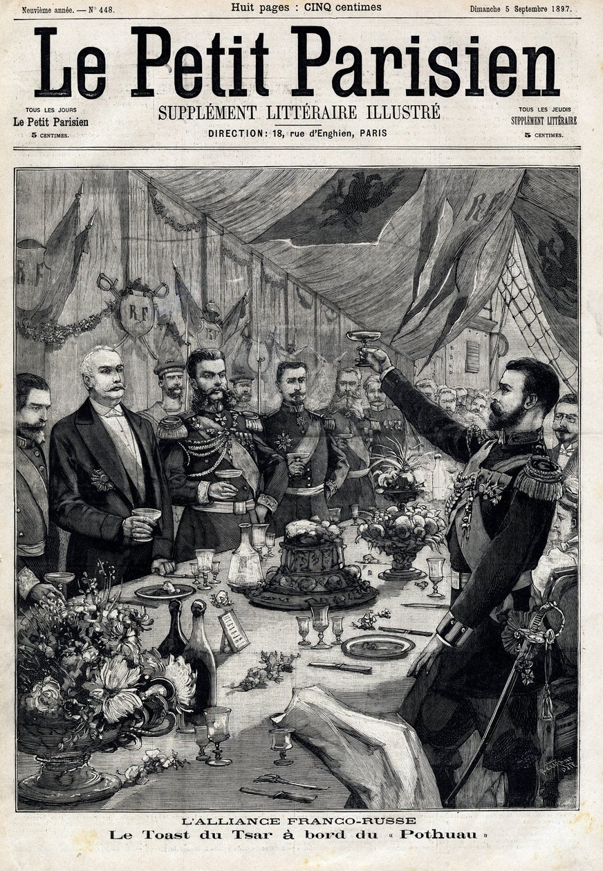 Die französisch-russische Allianz: der Toast von Zar Nikolaus II. (1868-1918) zu Ehren des französischen Präsidenten Felix Faure (1841-1899) an Bord der Pothau. In „Le Petit Parisien“ am 05.09.1897 von Anonymous Anonymous