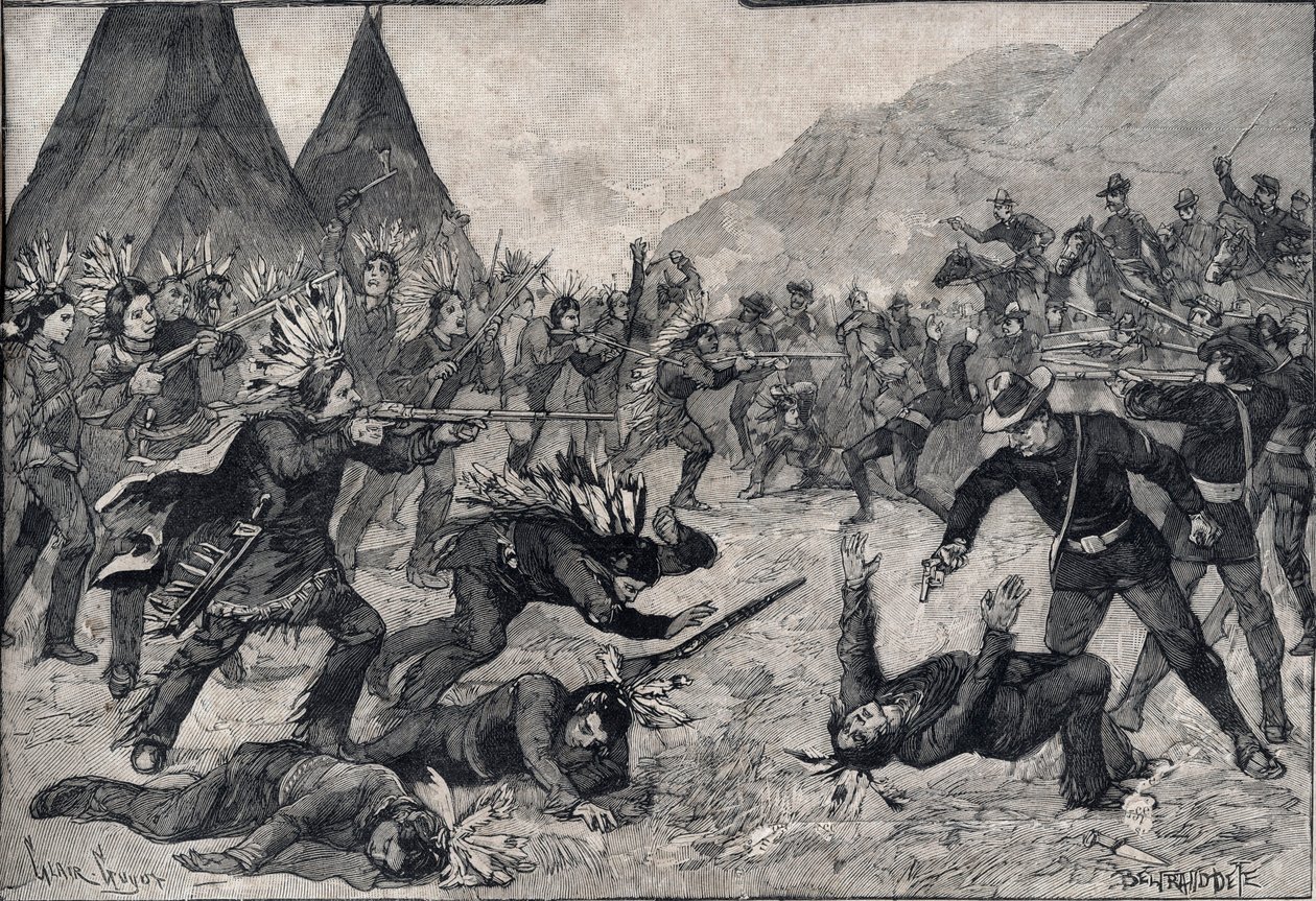 Der Indianeraufstand in den Vereinigten Staaten: ein Kampf zwischen Sioux-Indianern und amerikanischen Truppen. Gravur in „Le petit Parisien“ von 1891. Private Sammlung. von Anonymous Anonymous