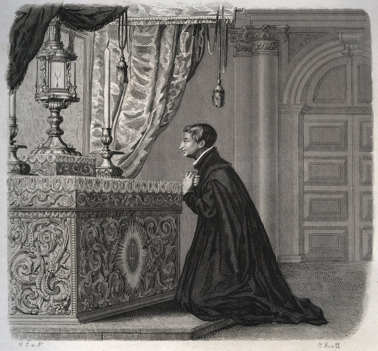 Der italienische Jesuit Louis de Gonzague (San Luigi Gonzaga) (1568-1591) im Gebet. Gravur von 1846 in „Lives of the saints“. Private Sammlung von Anonymous Anonymous