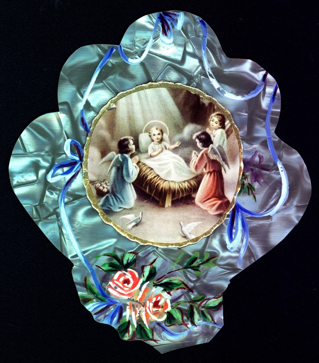 Die Geburt Christi. Das Jesuskind umgeben von Engeln. Andachtsbild. Gezackte Postkarte. Private Sammlung von Anonymous Anonymous