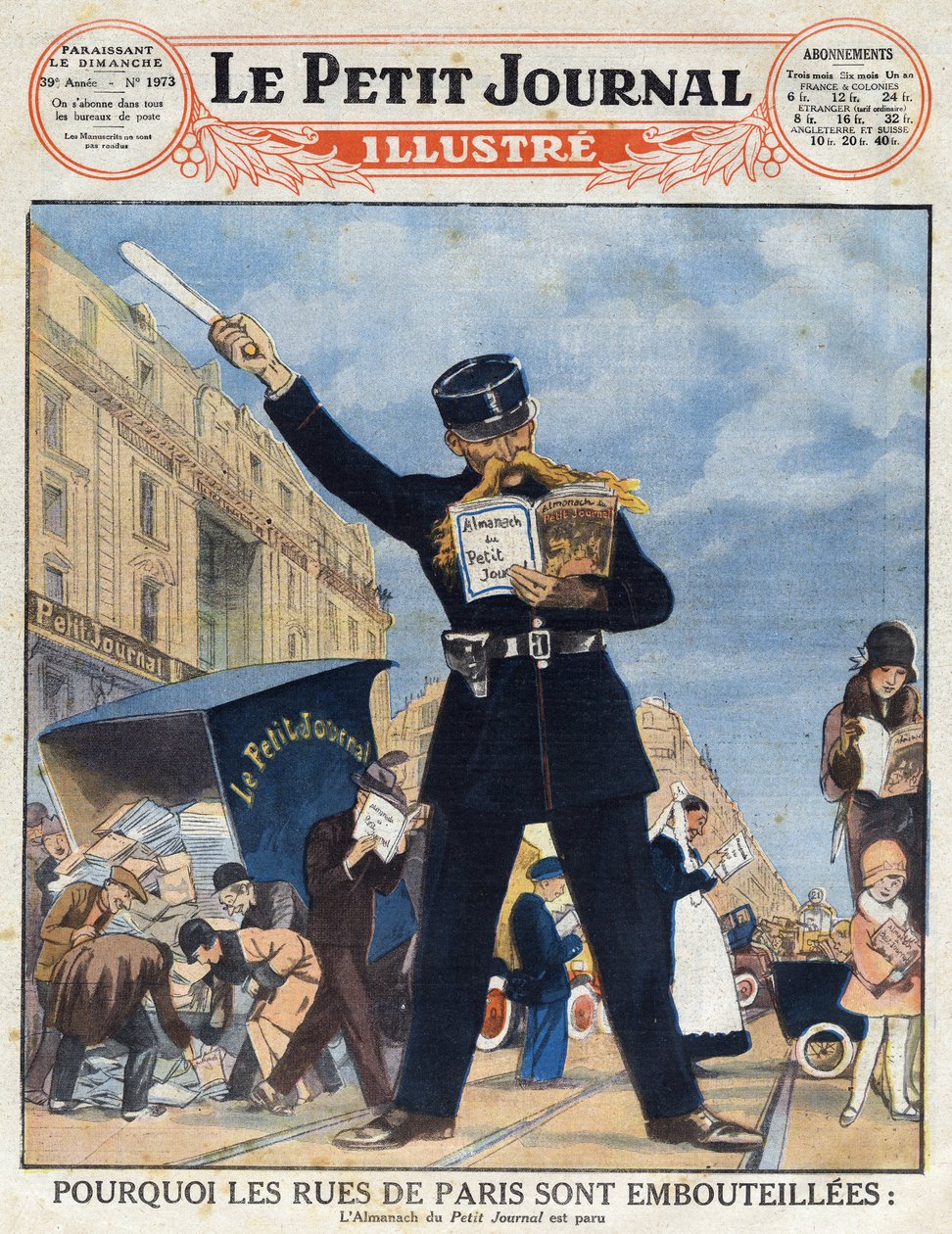 Die Pariser Bevölkerung nutzte einen Lieferwagen und einen Polizisten, der den Almanach las, anstatt den Verkehr zu regeln, aus „Le petit journal illustré“ von Anonymous Anonymous