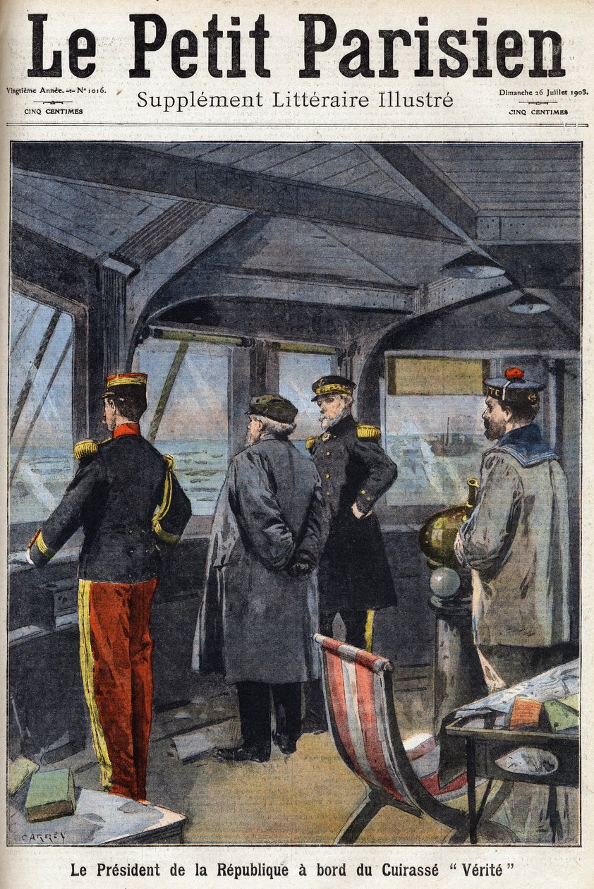 Der Präsident der Republik Armand Fallieres (1841-1931) an Bord des Panzerschiffs „Verite“. In „Le Petit Parisien“ am 26.07.1908 von Anonymous Anonymous