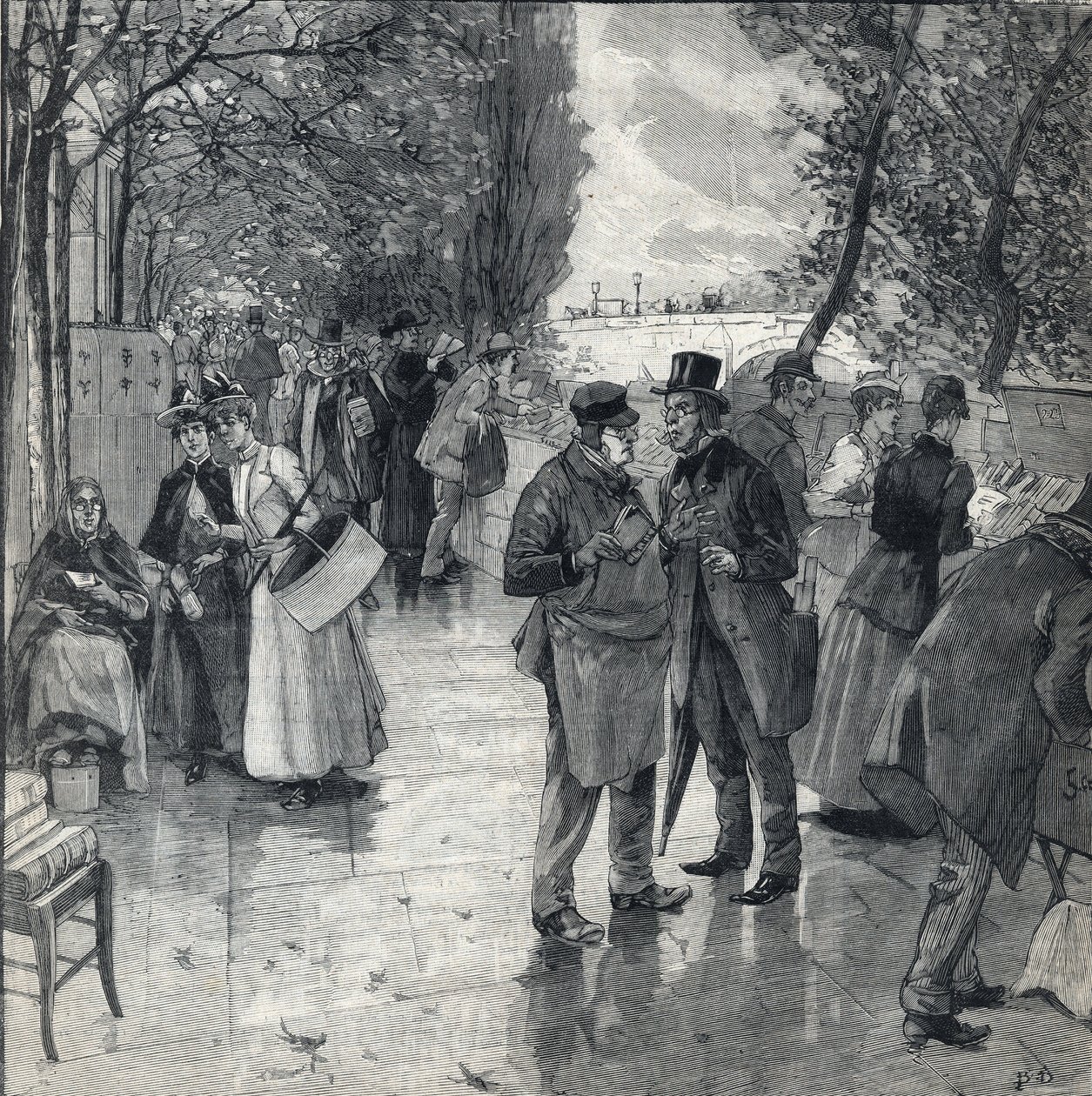 Der Buchhändler-Spaziergang an den Ufern der Quais in Paris. Gravur in Le Petit Parisien am 30.10.1892. Private Sammlung von Anonymous Anonymous