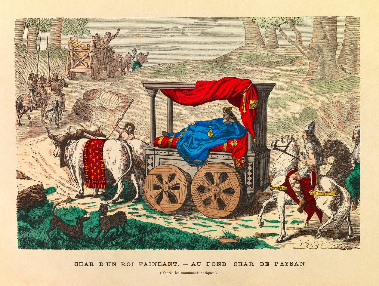 Der Wagen eines faulen Königs mit einem Bauernwagen im Hintergrund (Gravur) von Anonymous Anonymous