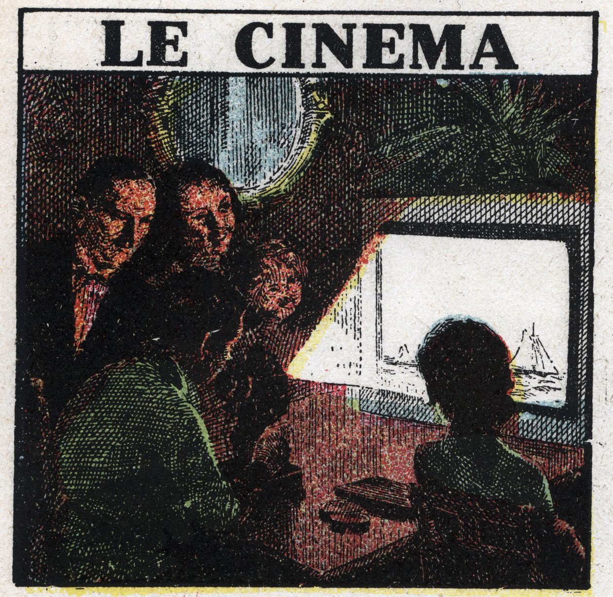 Der Kinematograph: Eine Familie schaut einen Film auf einer Leinwand. Anonyme Illustration von 1925. Private Sammlung. von Anonymous Anonymous