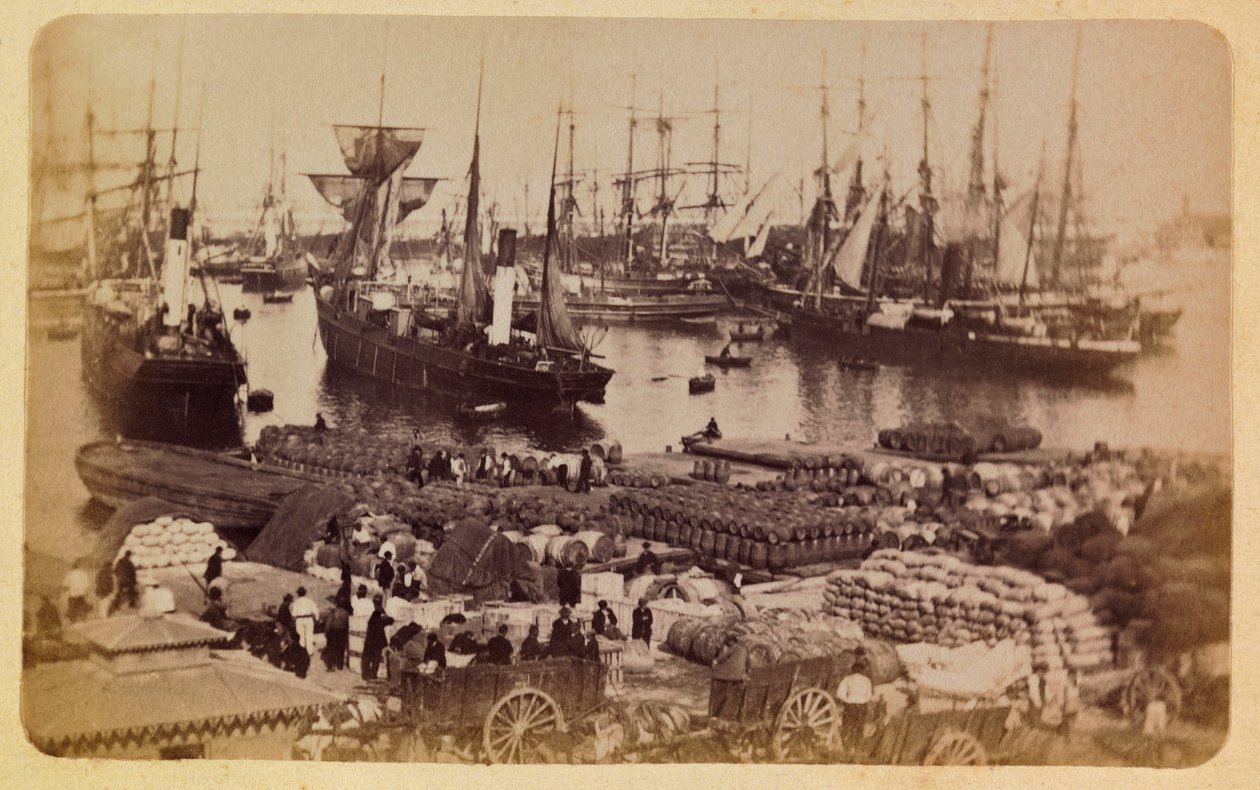 Die Stadt Marseille und ihre Umgebung um 1885-1890: Bassin de la Joliette, Frachtverladung auf Kähne, Private Sammlung von Anonymous Anonymous