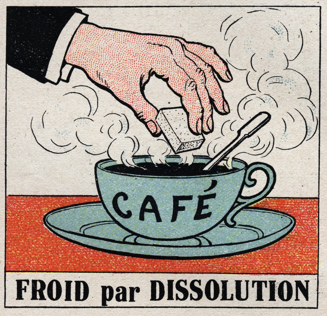 Die Kälteindustrie: Kälte durch Auflösung. Ein Zucker in einer Tasse heißem Kaffee kühlt den Kaffee ab. Anonyme Illustration von 1925. Private Sammlung. von Anonymous Anonymous