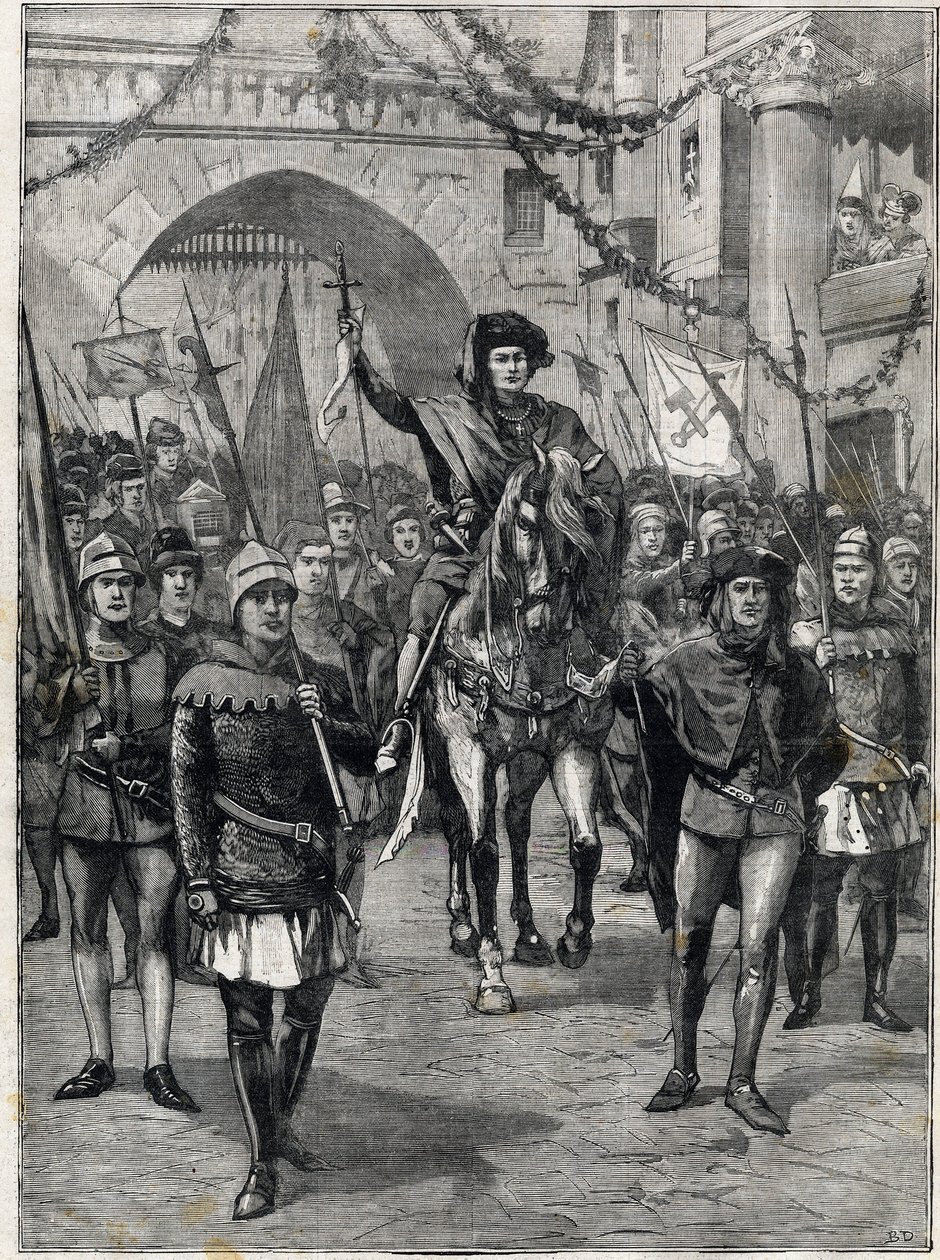 Der Zug der Zünfte im 14. Jahrhundert: Der Prévôt der Kaufleute von Paris. Gravur. In „The Little Parisien“, am 18.06.1899. Private Sammlung. von Anonymous Anonymous