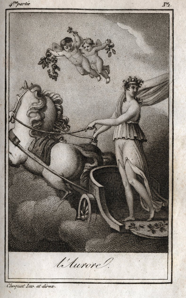 Die Morgenröte (Apollo führt den Sonnenwagen). Allegorie des Sonnenaufgangs. Gravur von 1819 in „Lettres à Emilie sur la mythologie“ von Charles Albert Demoustier (1760-1801). Private Sammlung. von Anonymous Anonymous