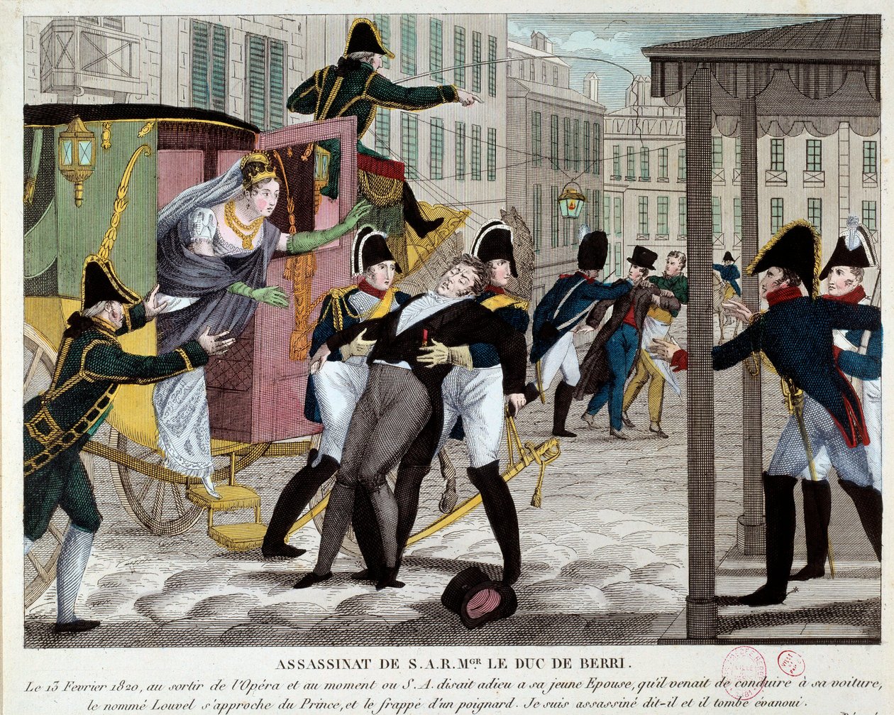 Der Tod von Charles Ferdinand de Bourbon, Herzog von Berry (1778-1820) am 13.02.1820 beim Verlassen der Königlichen Musikakademie. Der Neffe von König Louis XVIII. wurde an der Oper von Louvel, einem Republikaner, der die königliche Dynastie beenden wollte von Anonymous Anonymous