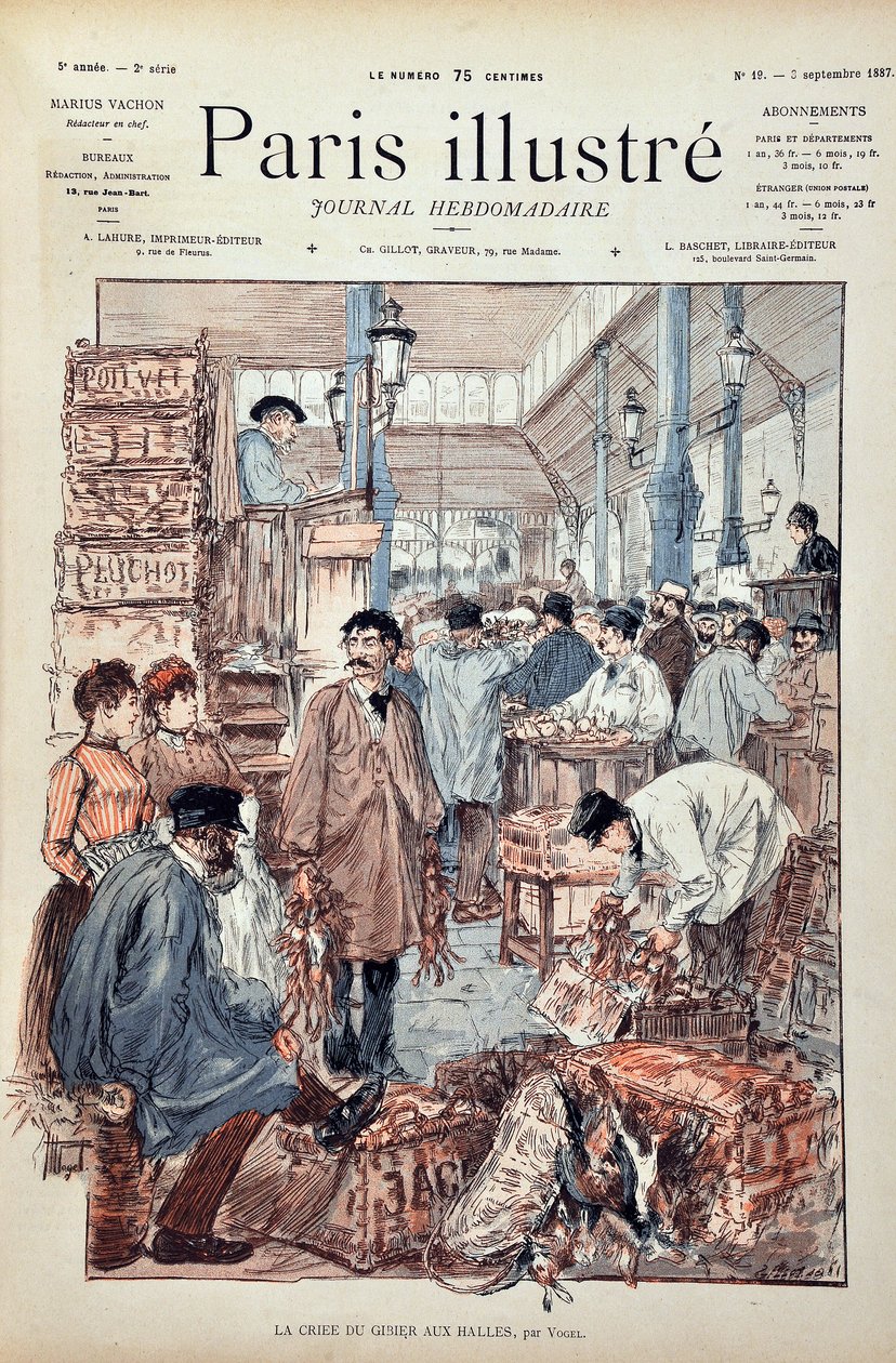 Das Spiel Criee an den Halles de Paris im Jahr 1887. Illustration von Hermann Vogel (1856-1918). Gravur von 1887 in „Paris-Illustrous journal weekly“. von Anonymous Anonymous