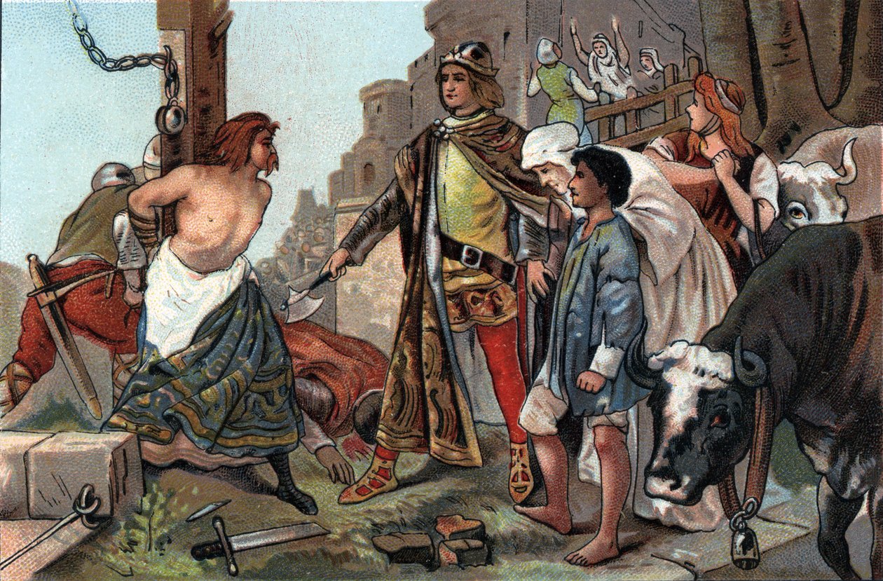Die Gerechtigkeit von Baudouin VII. (1092-1119), Graf von Flandern genannt die Axt. Werbechromolithographie von Antoine Schokoladen in Brüssel, Anfang des 20. Jahrhunderts. Private Sammlung von Anonymous Anonymous