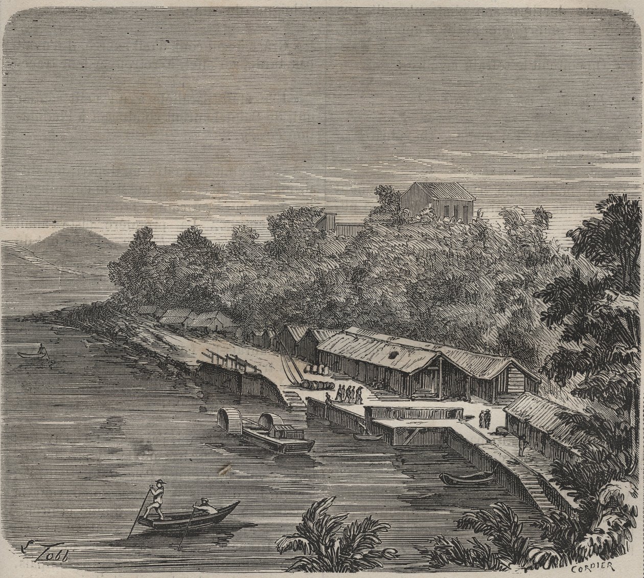 Das Gefängnis Saint-Laurent in Cayenne (Französisch-Guayana) im 19. Jahrhundert. Gravur in „Histoire des bagnes depuis leur création à nos jours“ (1877) von Pierre Zaccone. von Anonymous Anonymous