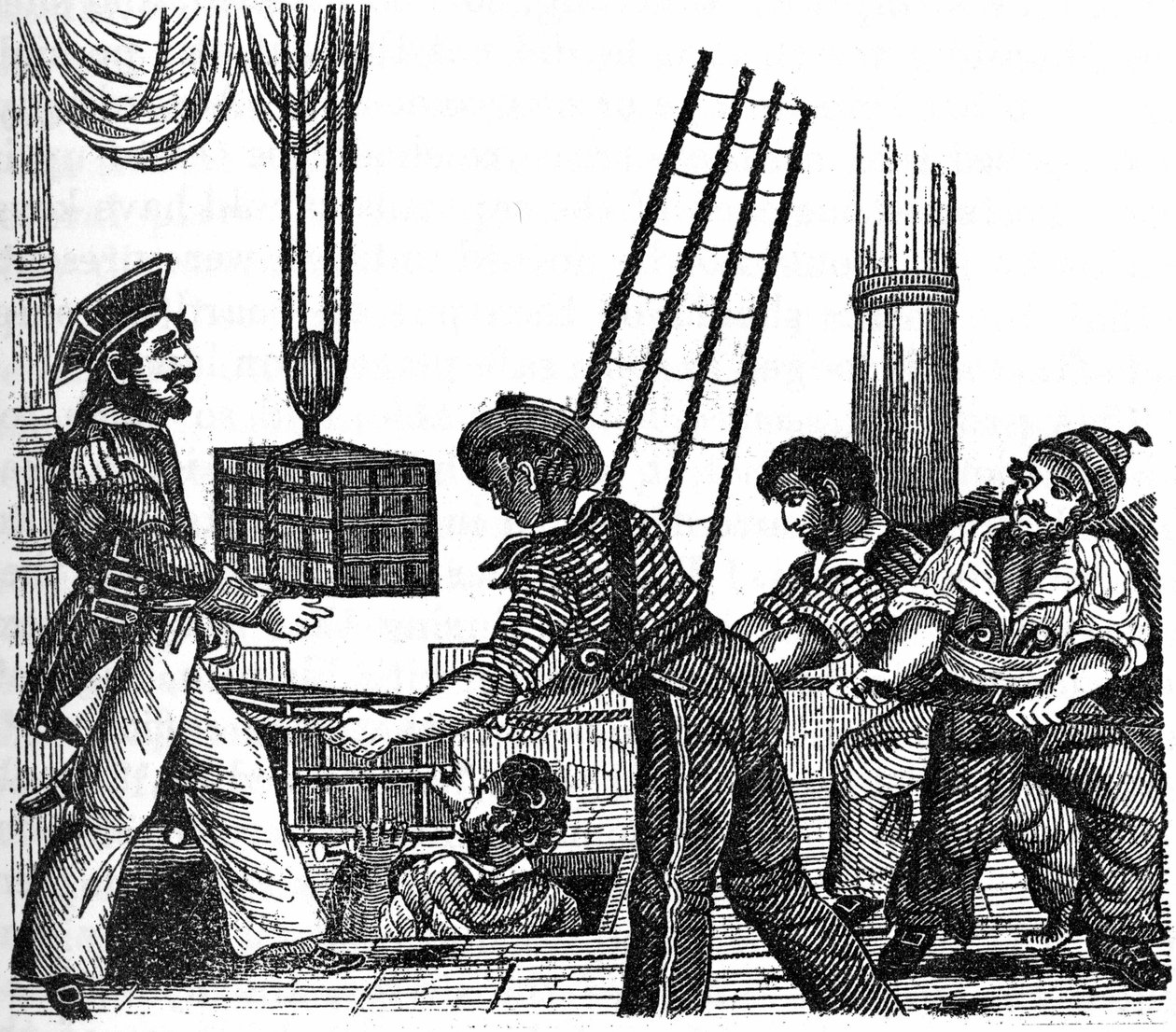 Der Pirat „Long Ben“ John Avery (gestorben 1643) lädt drei Kisten mit Schätzen (Gold und Edelsteine) auf sein Schiff. Gravur aus „The pirate own book“ 1837 von Anonymous Anonymous