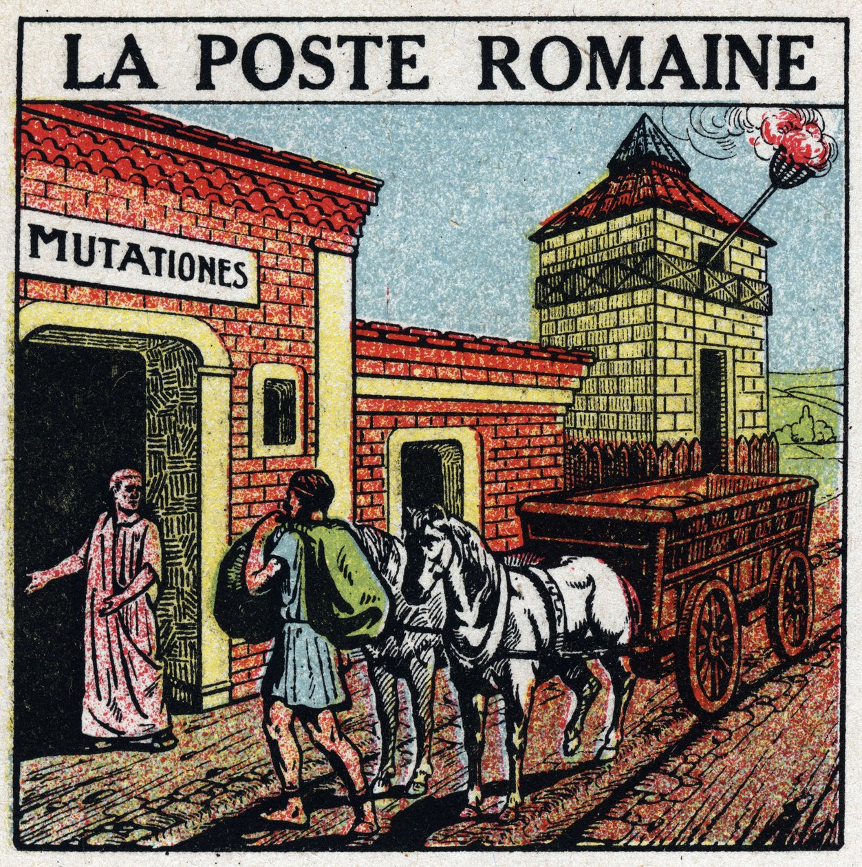 Die Post: die römische Post. Eine „Mutationes“, ein Ort, an dem Pferde für das Postwesen gemietet werden konnten, genannt „Curriculum Publicus“. Anonyme Illustration von 1925. Private Sammlung. von Anonymous Anonymous